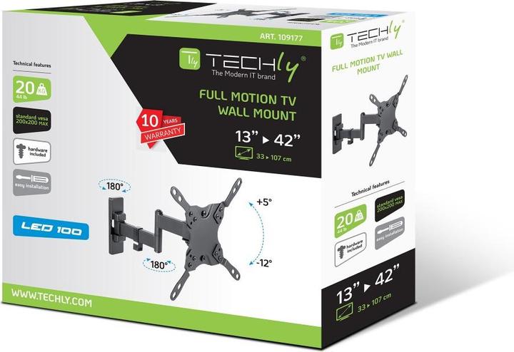 Image du produit Techly Support mural pour LCD TV LED 13-42", FullMotion, 3 articulations, noir (Mur, 20 kg, 13" - 42")