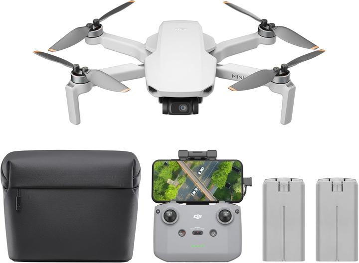 drei Ersatzpropellerpaare, zwei DJI Mini 2 Intelligent Flight Batteries, eine Umhängetasche, diverse Fernsteuerungskabel, ein Propellerhalter, DJI Mini 4K, eine DJI RC-N1C Fernsteuerung, ein Gimbalschutz, ein Schraubendreher und ein USB-C-Datenkabel., 18 Ersatzschrauben