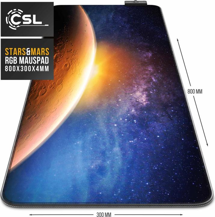 Produktbild CSL RGB Gaming Mauspad, Schreibtischunterlage 800 x 300 mm XL Mausmatte - LED Multi Color, Stars & Mars (XL)