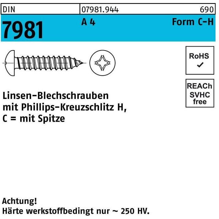 Schrauben, Blechschraube ISO 7049 LIKO m.Spitze/Kreuzschlitz-PH C 4,8 x 70 -H A 4 (250 Schrauben pro Stück)