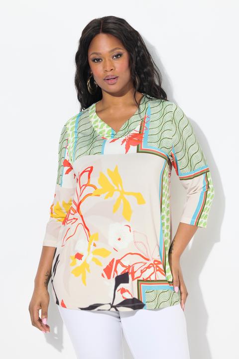 Immagine prodotto Ulla Popken Maglia dal taglio svasato in tessuto fluente con stampa patchwork, scollo a V e maniche a 3/4 (42, 44)