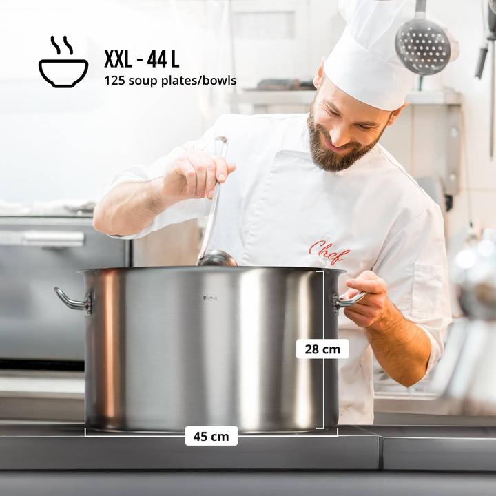 Produktbild Royal Catering Kochtopf Induktion 44 Liter Kochtopf + Deckel Suppentopf Rostfrei Topf Eintopf (Kochtopf, Edelstahl, 45 x 31 cm)