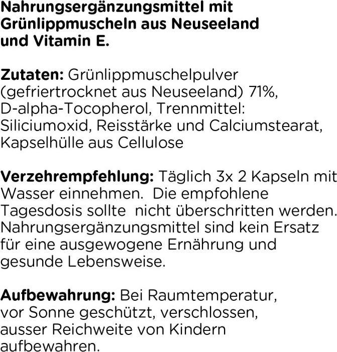Valori nutrizionali e ingredienti Kanela Capsule di cozza verde Plus (100 capsule) (100 Pezzo/i, Pillole)
