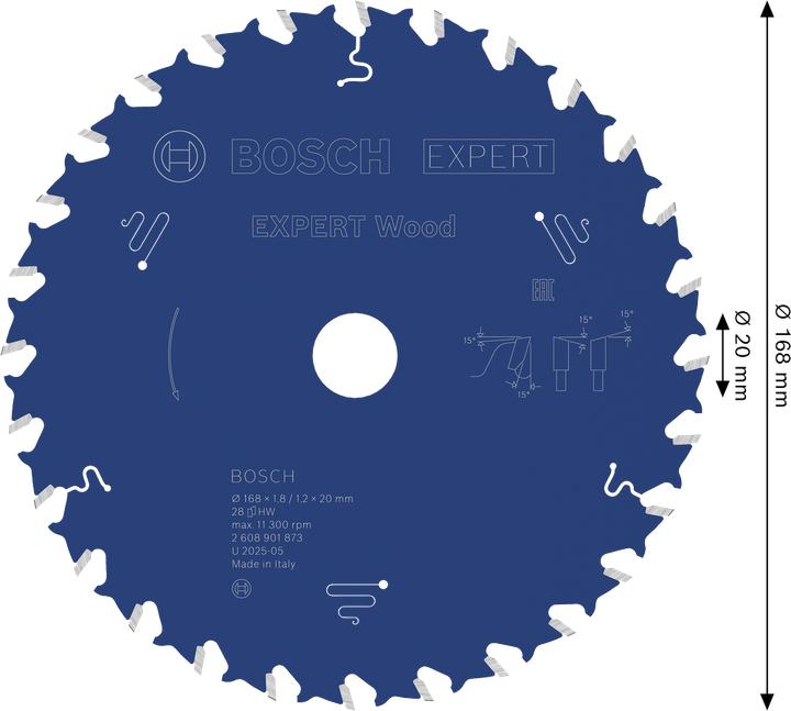 Immagine prodotto Bosch Professional Zubehör Lama circolare Expert per legno 168 x 20 x 1,8/1,2 mm, T28