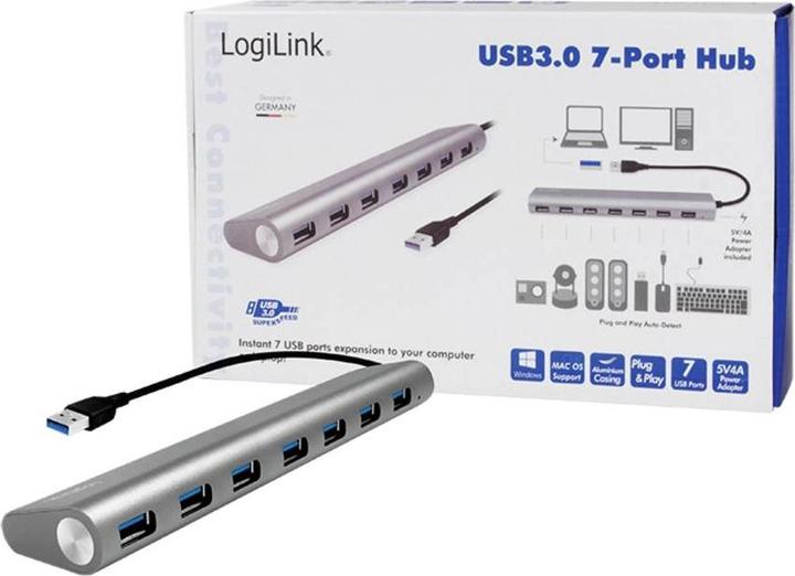 Actual product image LogiLink UA0308 - USB 3.0 hub, 7 port with card reader, aluminium casing, pilkas (USB-A, 7 ports)