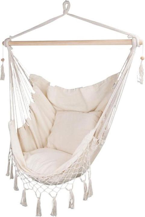 Royokamp Hamak fotel brazylijski Miami z frędzelkami 130x100cm + 2 poduszki 40x40cm beżowy (120 kg)