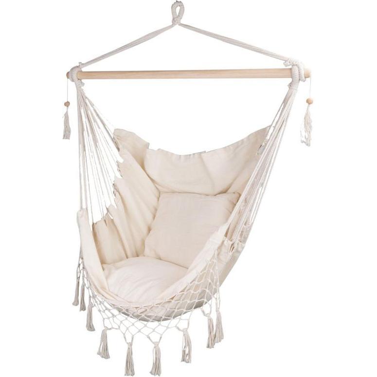 Royokamp, Amache, Hamak fotel brazylijski Miami z frędzelkami 130x100cm + 2 poduszki 40x40cm beżowy (120 kg)