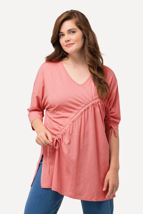 Immagine prodotto Ulla Popken Maglia in cotone biologico con laccetto per l'arricciatura, scollo a girocollo e maniche a 3/4 (50, 52)