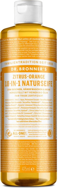 Actual product image Dr. Bronner's 18-in-1 Citrus-Orange (Liquid soap, 475 ml)
