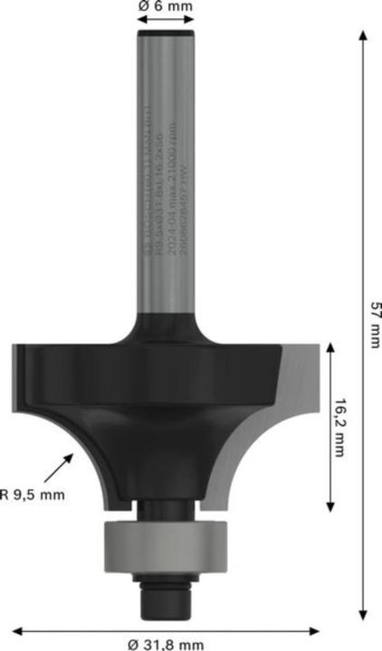 Produktbild Bosch Professional Zubehör Abrundfräser, 6 mm, R1 9,5 mm, D 31,8 mm, L 16,2 mm, G 57 mm