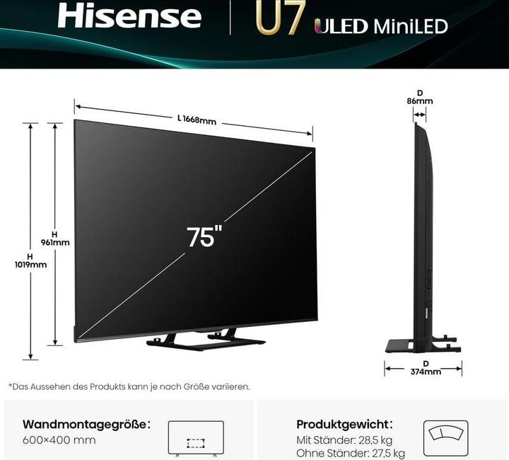 Actual product image Hisense TV 75U7Q (75", U7Q, Mini-LED, 4K, 2025)