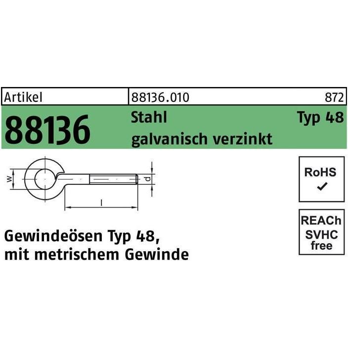 Dübel, Gewindeöse R 88136 Typ 48 M 6 x 70 D 10 Stahl galvanisch verzinkt (100 Stk.)