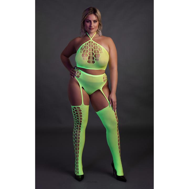 Actual product image Ouch! Two Piece with Crop Top and Stockings - Green - XL/XXXXL (3XL, 4XL, XL, XXL)