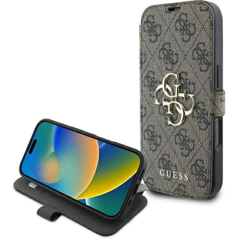 Guess GUBKP16L4GMGBR iPhone 16 Pro 6.3" brązowy/brown book 4G Metal Logo (Apple iPhone 16 Pro), Smartphone Hülle, Braun