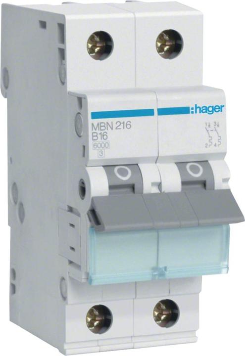 Actual product image Hager MBN216. Number of poles: 2P. AC input frequency: 50/60 Hz, Nominal current output: 16 A.