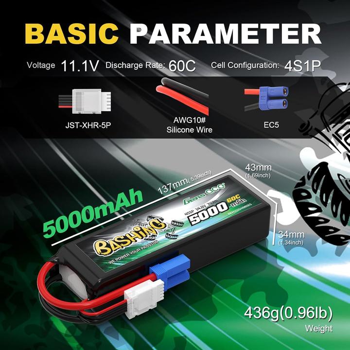 Actual product image Gens Ace Accumulator LiPo Bashing 5000mAh 14.8V 4S1P 60C EC5 (14.80 V, 5000 mAh)