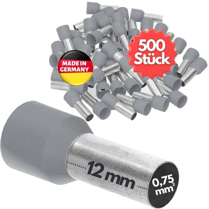 Produktbild Kalitec 500 Stück AE07512GR Aderendhülsen isoliert 0,75mm² 12mm lang grau I Made in Germany I Indust