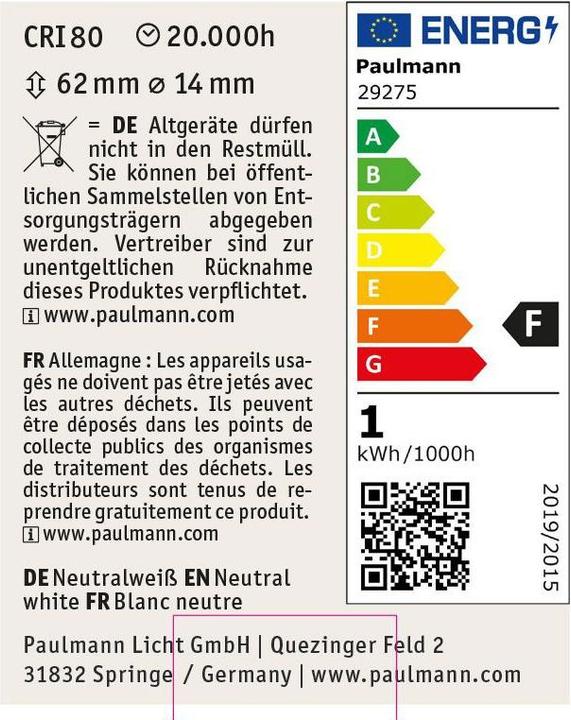 Etichetta energetica Paulmann Outdoor Plug & Shine Leuchtmittel 3er Set Naima (Connettore a bassa tensione da 5,5 mm/2,5 mm, 100 lm, 3x)