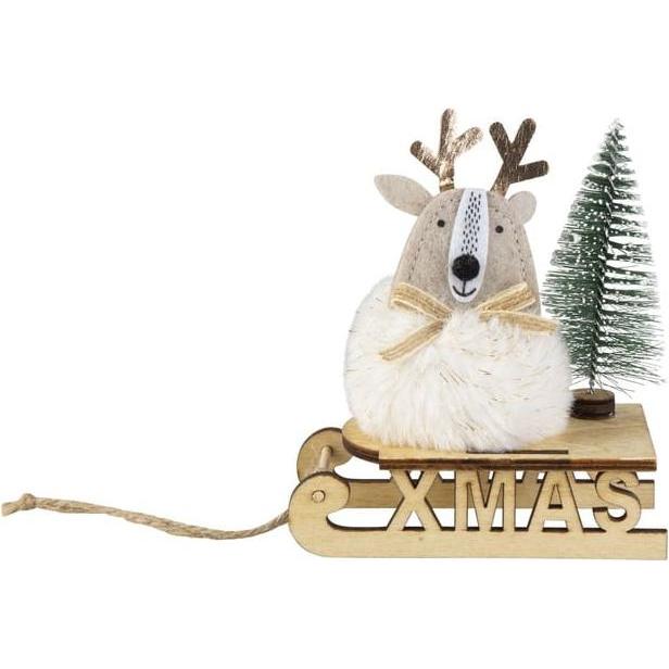 MICA Living, Weihnachtsdeko, Rentier auf Schlitten.- Xmas - braun/weiss/grün/gold - ca. 11 x 6 x 12,5 cm