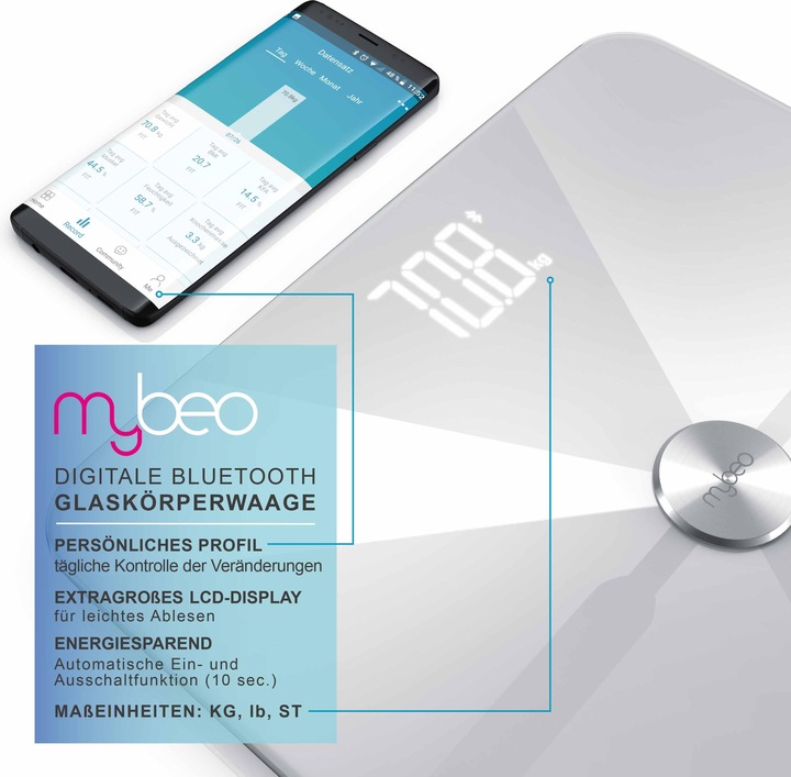 Produktbild Mybeo Körperfettwaage, Digitale Bluetooth Körper Analyse Waage, Diagnosewaage mit App-Steuerung, weiss (180 kg)