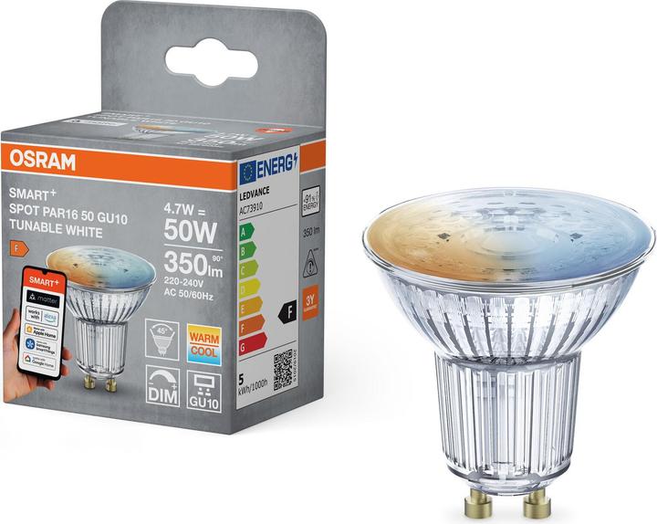 Produktbild Osram SMART+ MATTER SPOT GU10 Tunable white 4.7W 827...865 TW GU10 SINGLE PACK (GU10, 350 lm, 1x)
