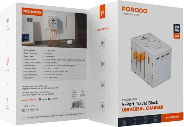 Produktbild Porodo PD65W Universal Travel Adapter Ladegerät - Weiss (65 W, 5 Ports)