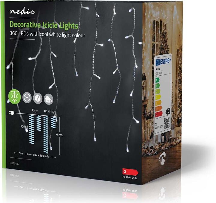 Produktbild Nedis Dekorative Eiszapfenlichter | 360 LED's | Kaltweiss | 9 m | Lichteffekte: 7 | Netzstromversorg (14 m)