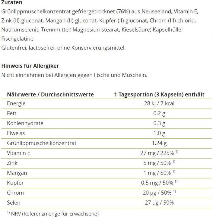 Nutritional values and ingredients Alpinamed Green-lipped mussel (120 Piece, Capsules, 100 g)