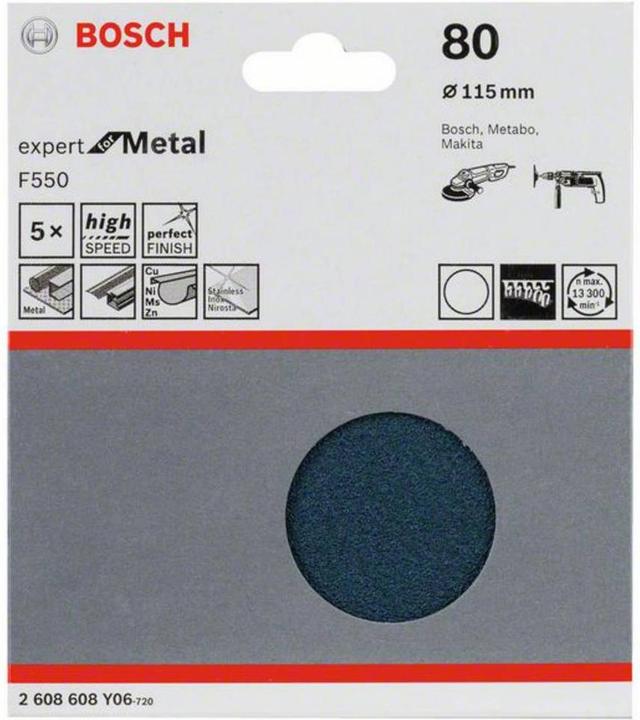 Produktbild Bosch Professional Zubehör Schleifblatt F550, Expert for Metal, 115 mm, 80, ungelocht, Klett, 5er-Pack (80)