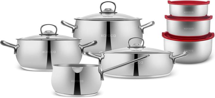 Karaca 13-teiliges Kochgeschirr-Set mit Vorratsbehälter (Pan set + pot set, Stainless steel)