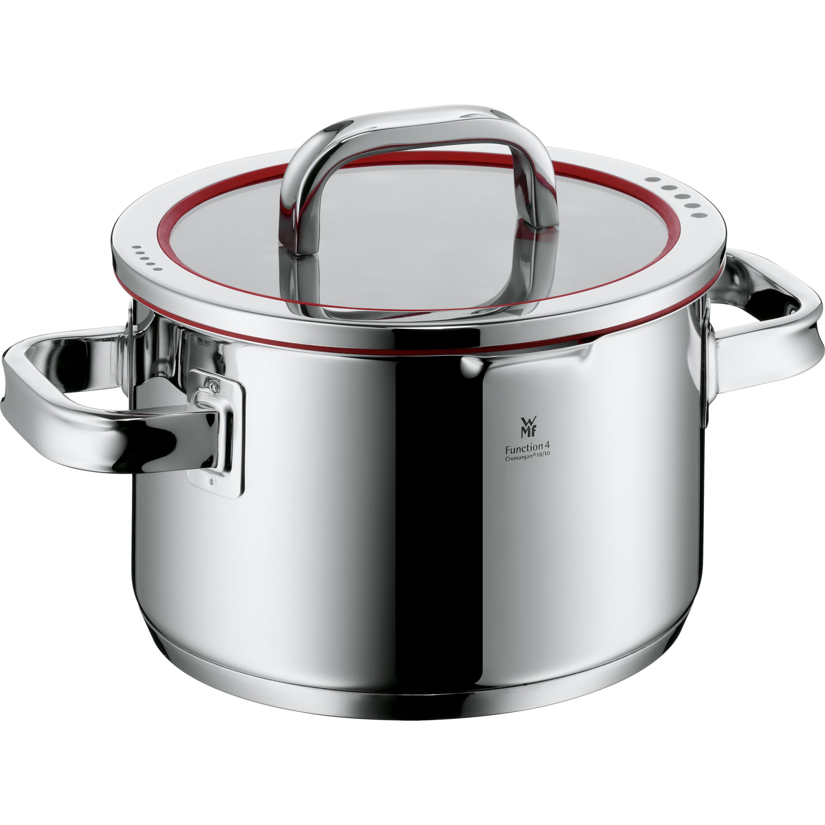 WMF Kochtopf Fleischtopf Induktion 20cm Glasdeckel 3,4l Function4 Edelstahl 18/10, Pfanne + Kochtopf, Rot, Silber