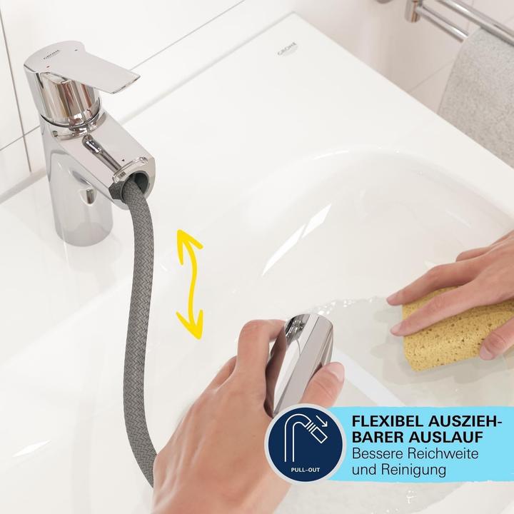 Actual product image Grohe Start QuickFix Lavaboarmatur, herausziehbare Auslauf, Push-Open Ablauf, M-Size, Chrom