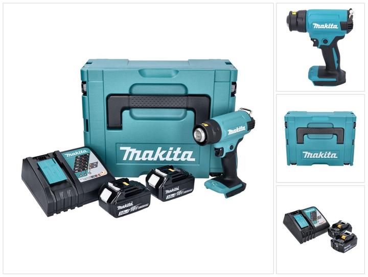 1x Makita DHG 180 batterie soufflerie d'air chaud, 2x Makita BL 1830 B 18 V 3,0 Ah batterie, 1x Makita DC 18 RC chargeur, 1x Makita Makpac valise, 1x universel insert