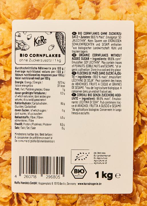 Nährwerte und Zutaten KoRo Bio Cornflakes ohne Zuckerzusatz (1000 g)