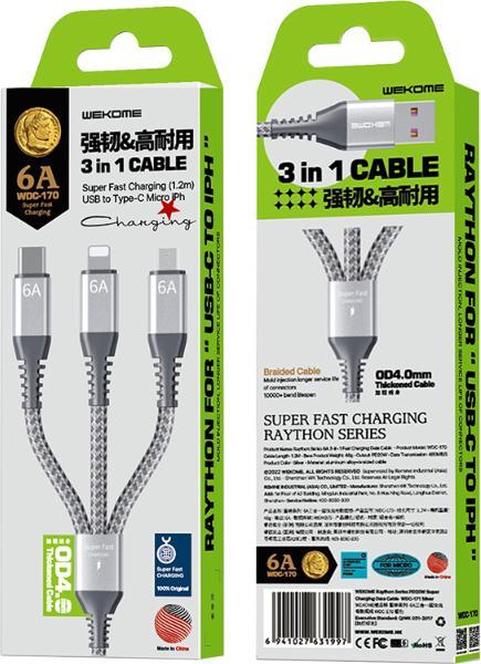 Image du produit Wekome Câble 3en1 USB-A Raython Rapide (1.20 m, 20 W)