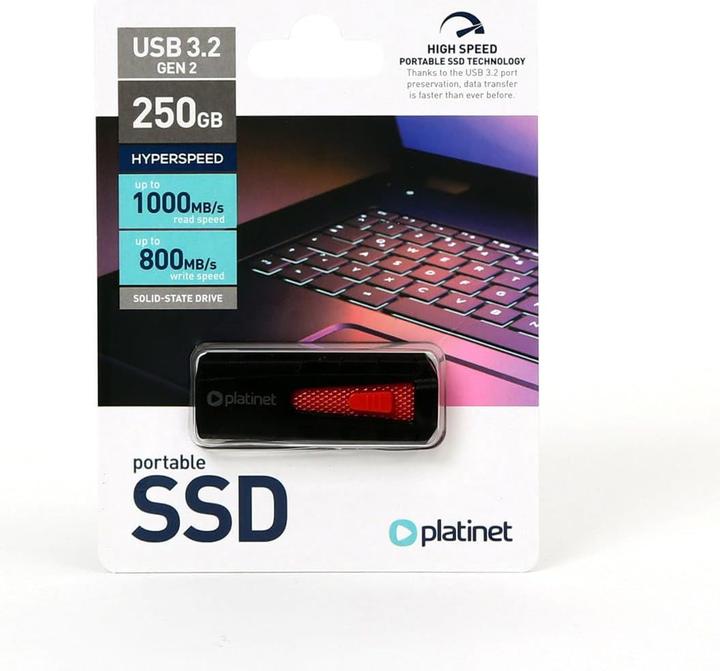 Produktbild Platinet Portable SSD, USB 3.2, read/write 1000/800 MB/s, black, 250GB capacity (250 GB)