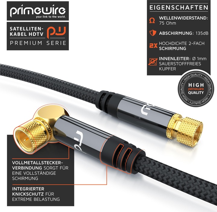 Actual product image Primewire HDTV satellite cable angled with fabric sheathing, SAT cable, 135dB 75 Ohm 4k, F connector, black (135 dB, Antenna cable)