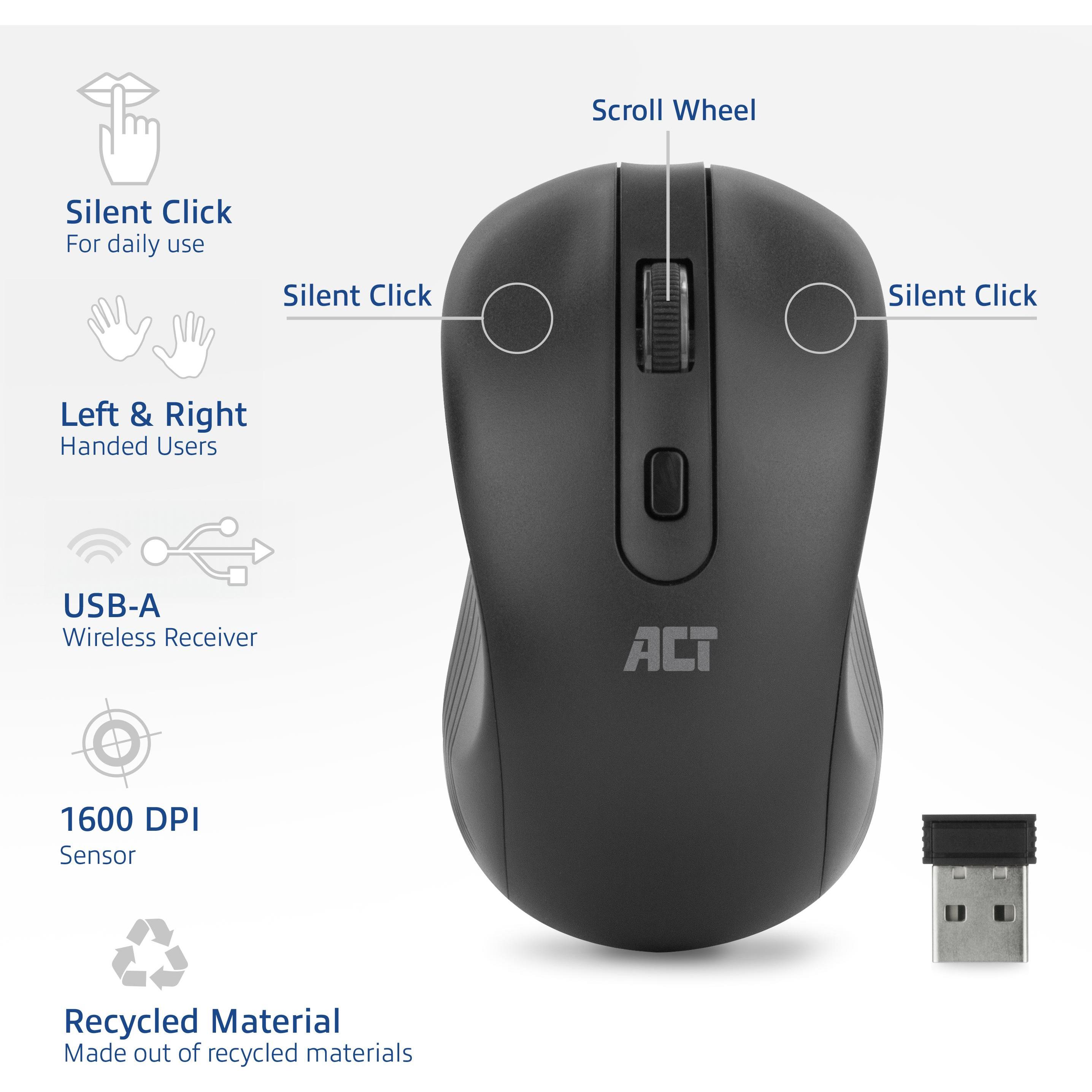 Thumbnail - ACT AC5105 Maus Beidhändig RF Wireless Optisch 1000 DPI (Kabellos), Maus, Schwarz