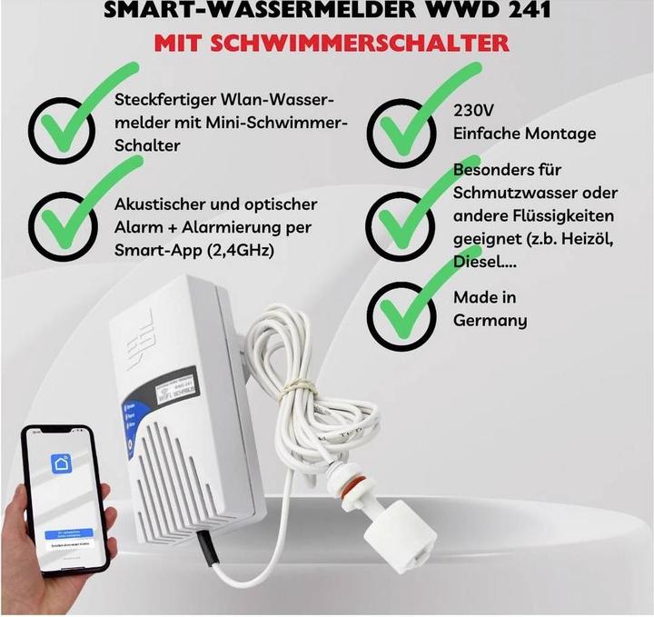 Actual product image Schabus 500241 Wireless water detector with app control, with external sensor via socket outlet