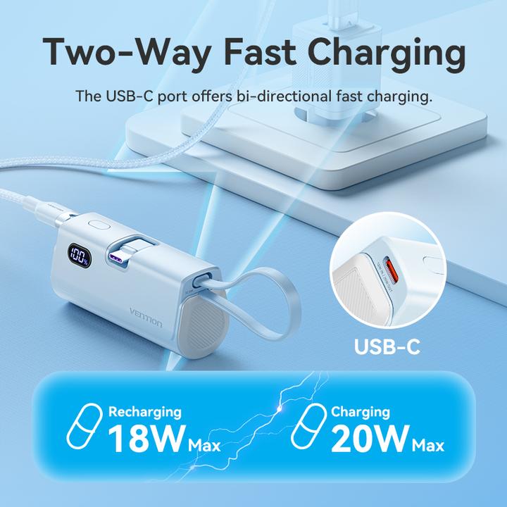 Image du produit Vention LED Display 4800mAh Power Bank (USB-C + Lightning + USB-C) 22.5W Rose Pliable USB-C Type (4800 mAh, 22.50 W, 22.50 Wh)