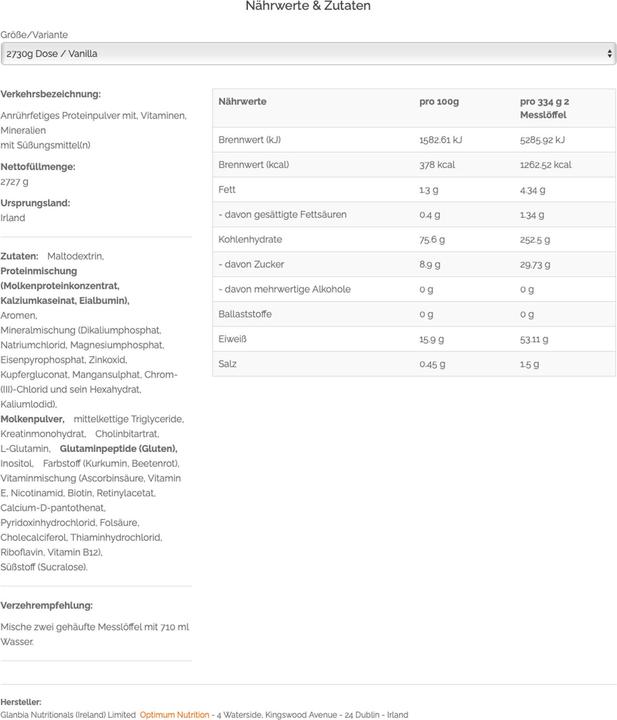 Valori nutrizionali e ingredienti Optimum Nutrition Massa seria (Vaniglia, Bevanda sportiva in polvere, 1 pz., 3022 g)