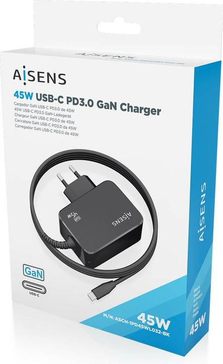 Actual product image Aisens CARGADOR GAN 45W PD3.0 1XUSB-C 1.8M NEGRO (45 W, 1 portion)