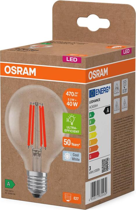 Produktbild Osram Led Lamps Energy Class A Energy Efficiency Filament Classic Globe (E27, 470 lm, 1x)