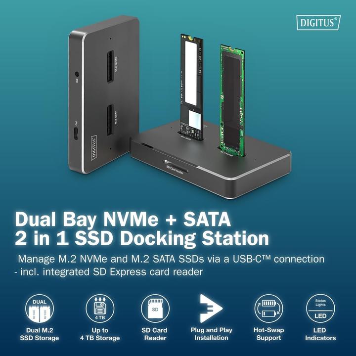 Actual product image Digitus M.2 NVMe + M.2 SATA SSD docking station with SD Express card reader, USB-C™