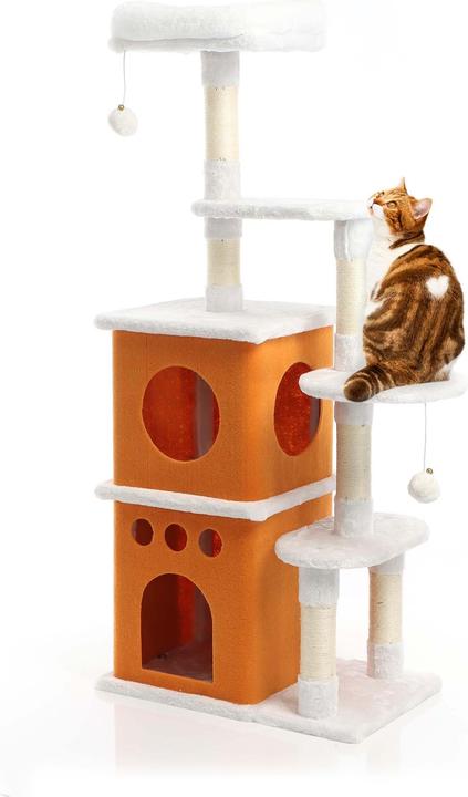 Image du produit Fudajo Arbre à chat Blanc/Brun 125cm Poste de grattage avec du sisal, des niches/2 maisons à chats (125 cm, Blanc, Marron)