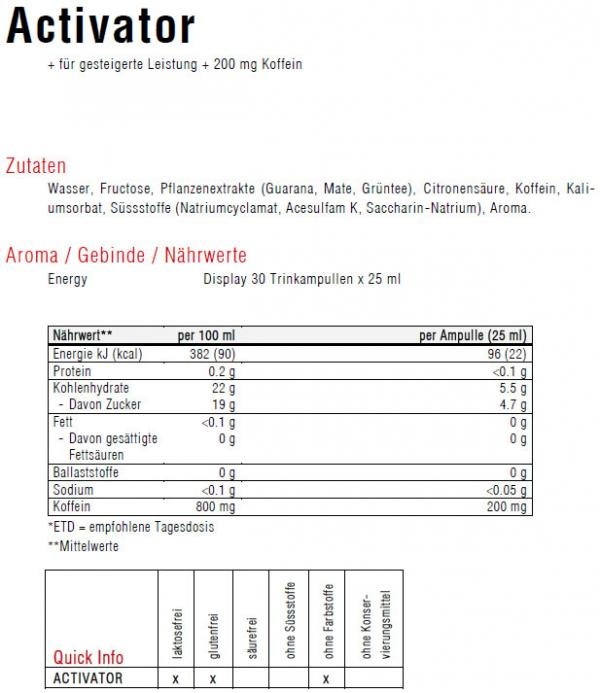 Valori nutrizionali e ingredienti Sponser Attivatore 200 (Limone, Cola, 30 pz., 1300 g)