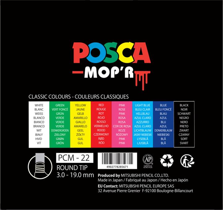 Productafbeelding Posca MOP'R knijpmarker PCM-22 8C - med 8 st. ass. farver (Veelkleurig, 19 mm, 8 x)