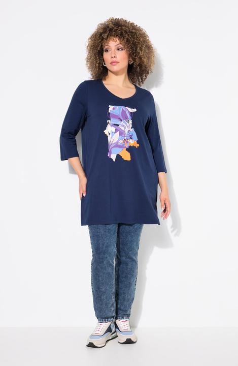 Immagine prodotto Ulla Popken maglia lunga, fiori, taglio ad A, scollo a V, manica 3/4 (56)