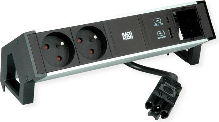 Bachmann DESK2 ALU BLACK 2xUTE 1xCM 1xAC 1 chargeur A/C 22W (2 x, PECO 7/5, CEE 7/3, 0.20 m)