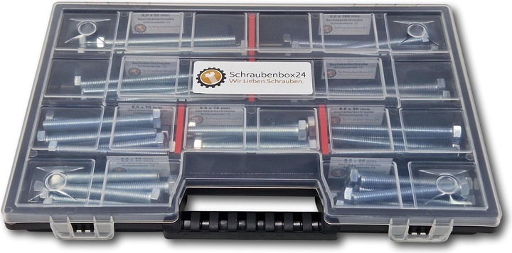 Actual product image Schraubenbox24 Hexagon bolts assortment M8 60mm-100mm 65 pcs screw box DIN 933/ISO4017 (65 Screws per piece)